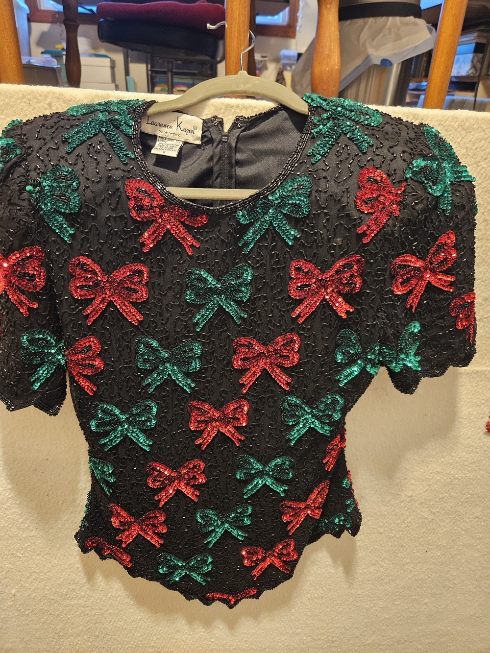 Laurence Kazar Black Short Sleeve Top with Red & Green Sequin Bows